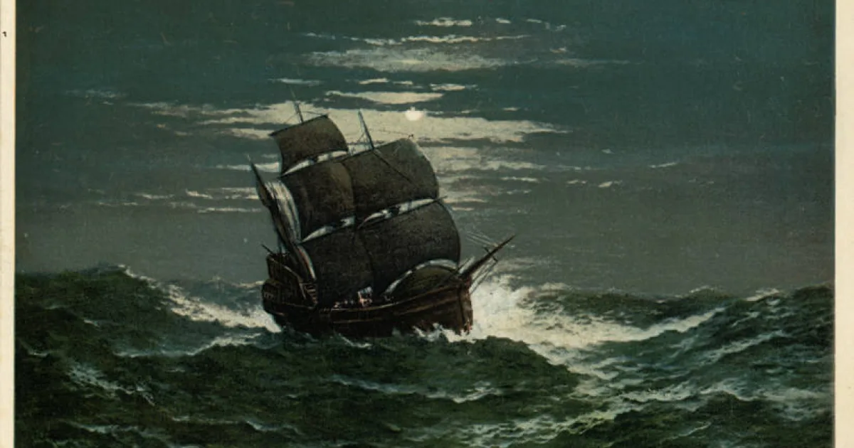 sailing ship carrying English and Dutch Pilgrims from England to North America
