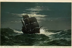 sailing ship carrying English and Dutch Pilgrims from England to North America